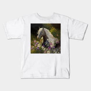 Black Horse with White  Mane Flowers Kids T-Shirt